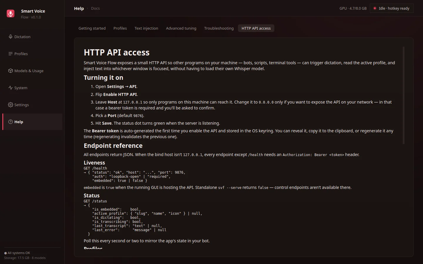 Inline help for API access