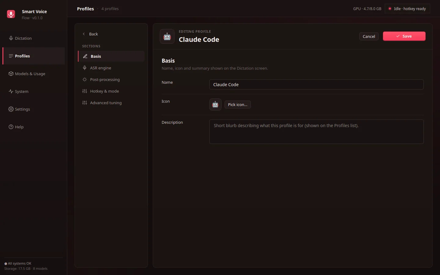 Profile editor — basics tab