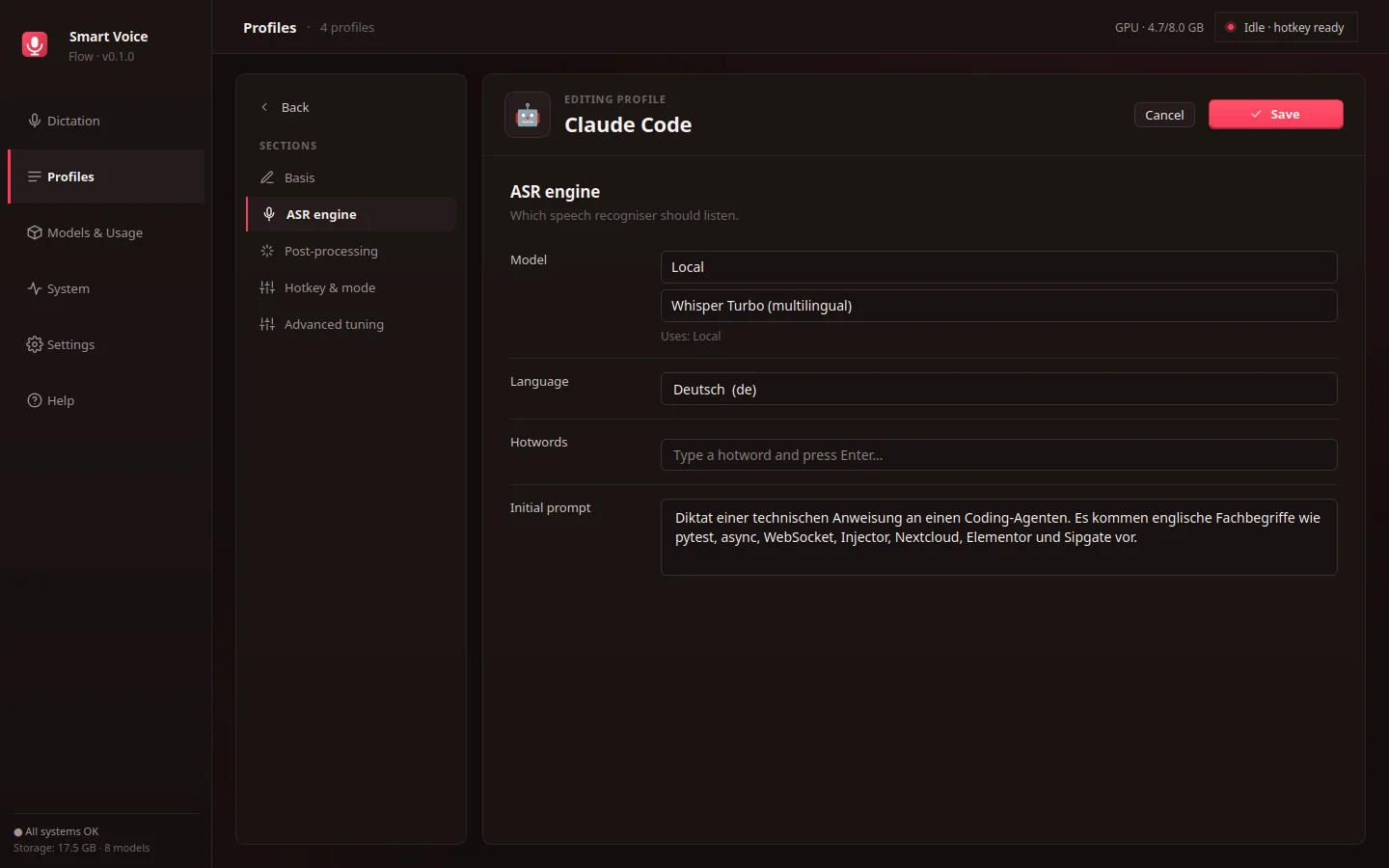 Profile editor — ASR engine settings