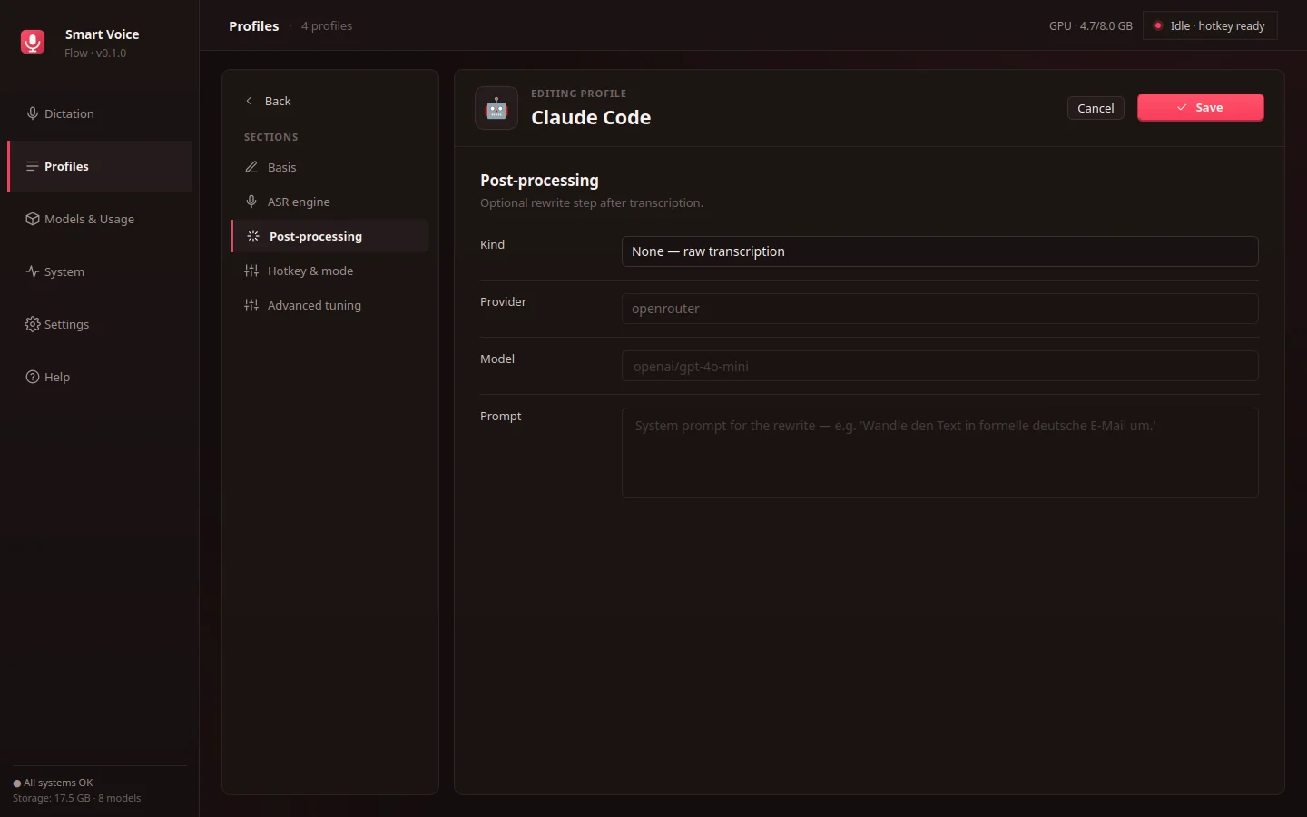 Profile editor — post-processing rules