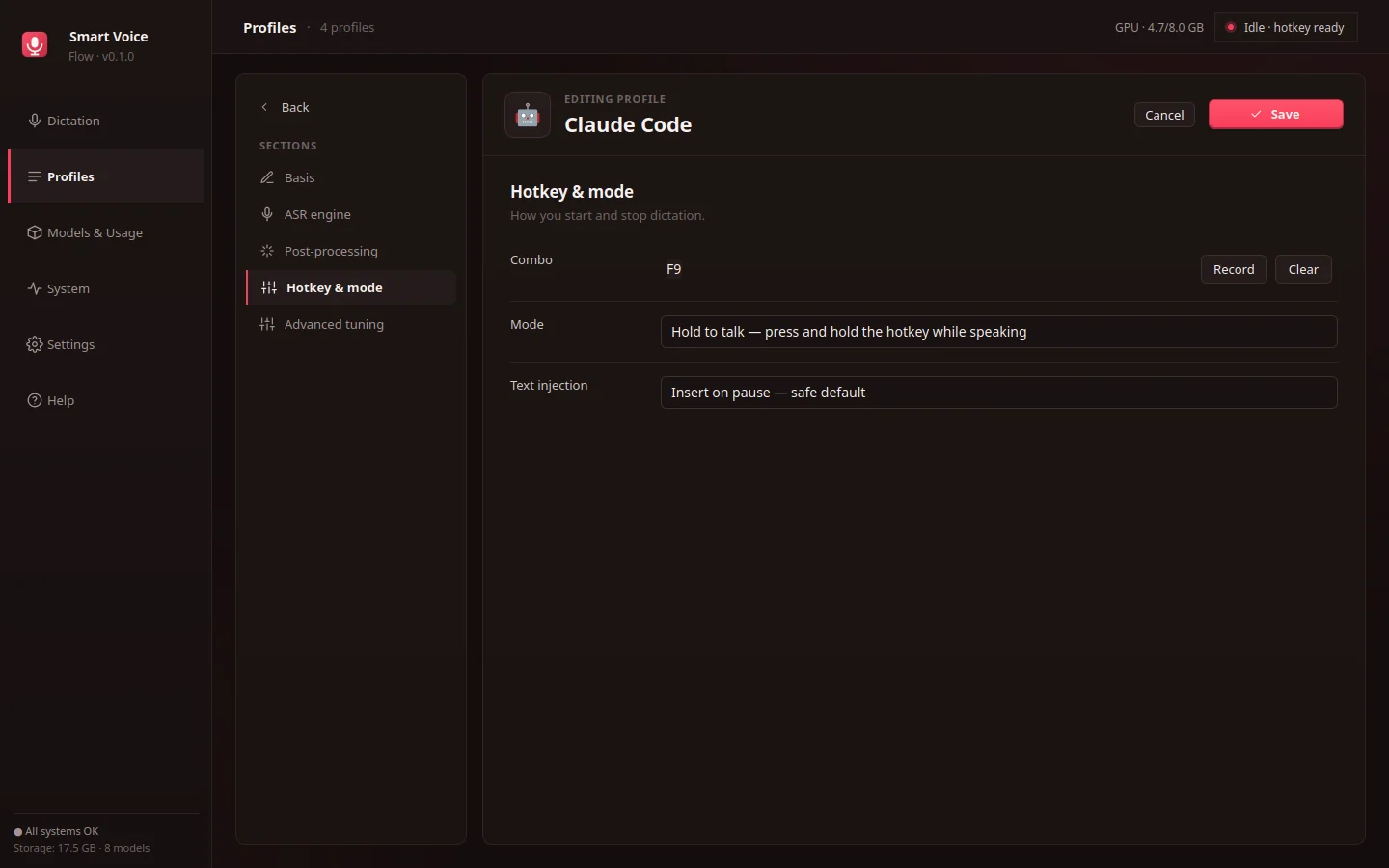 Profile editor — hotkey binding